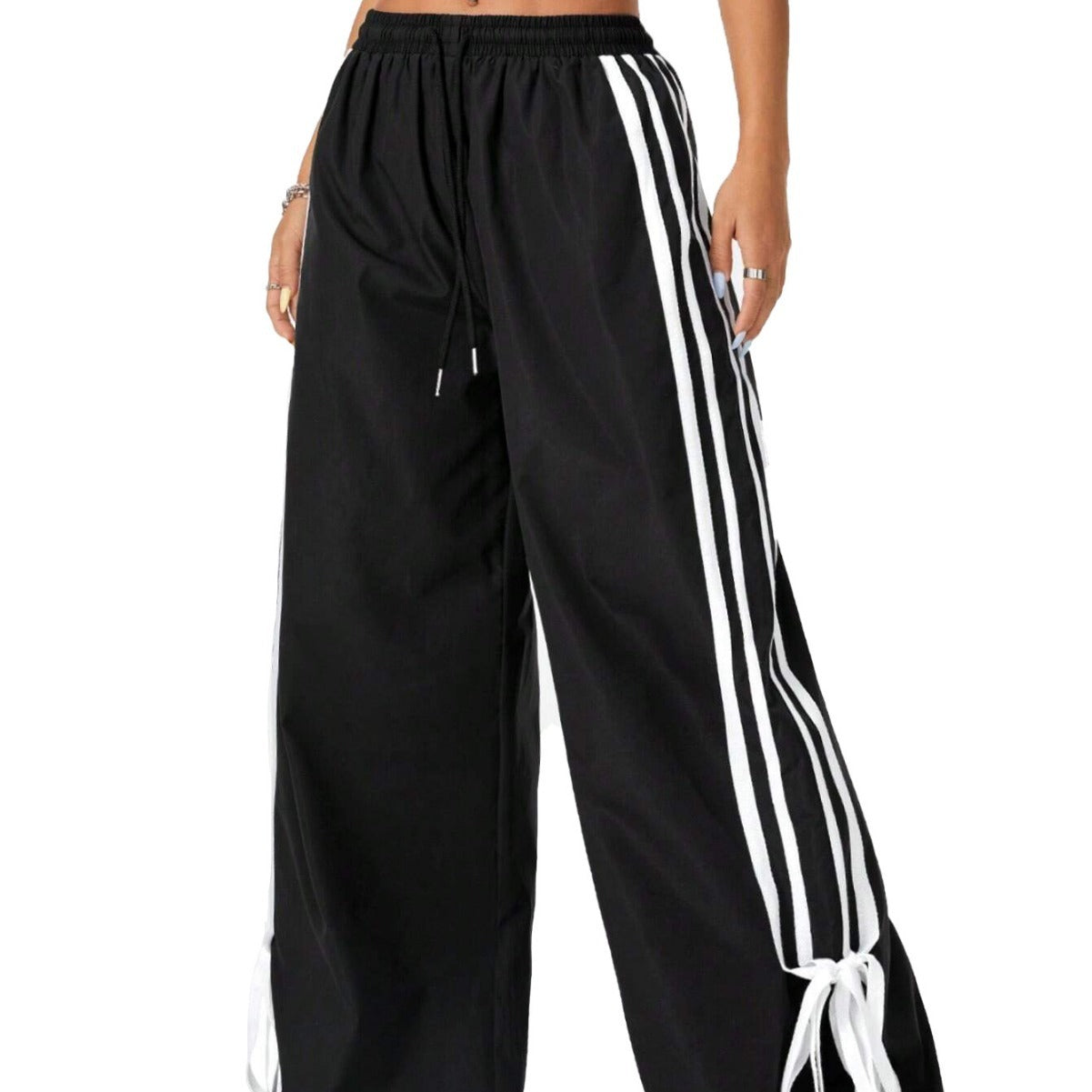 High Waist Wide Leg Pants Women's Spring Summer New Style Three Bars Drawstring Cuffed Straight Casual Extended Sports Trousers BAZONA