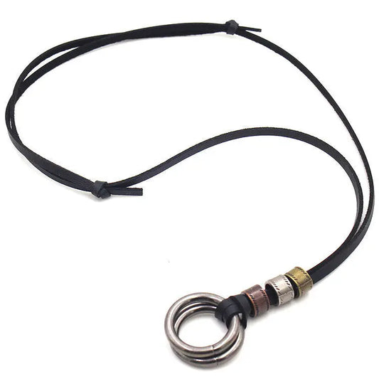 Vintage Leather Couple Necklace Double Ring
