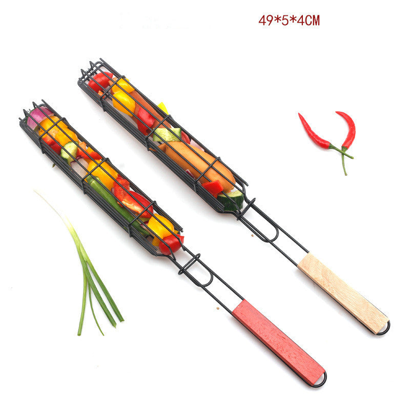 New Mesh Wooden Handle Sausage Clip Barbecue BBQ Tool Rack BAZONA