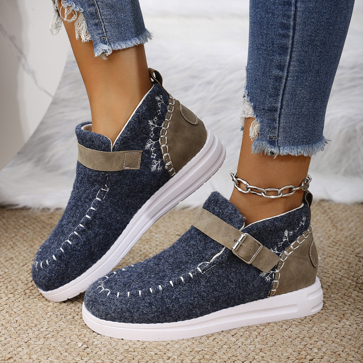 Thick Burr Warm Flat Bottom Cotton Shoes BAZONA