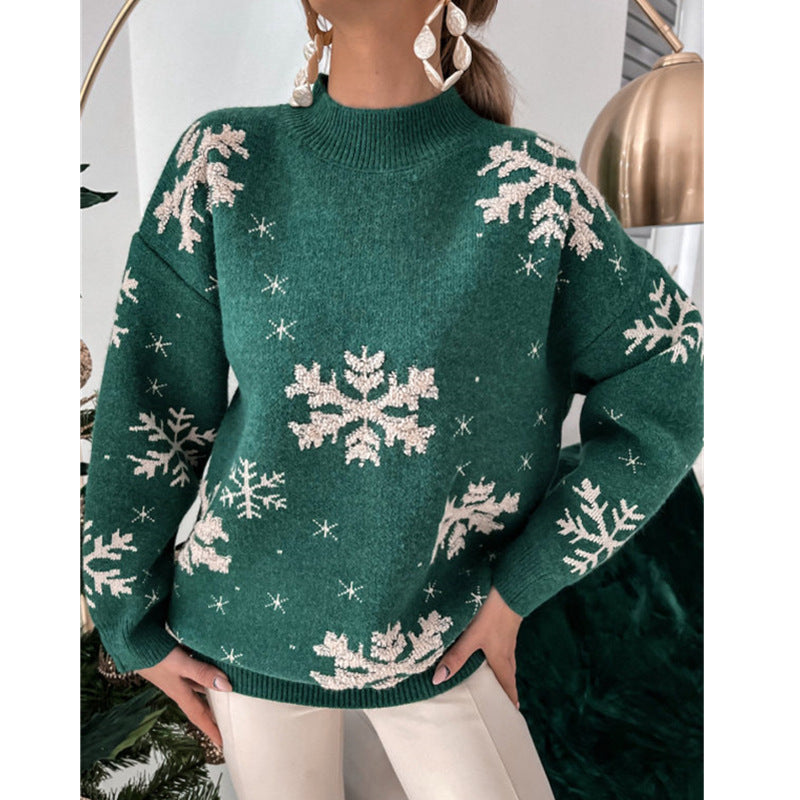 Fall Winter Women's Christmas Sweater Knitted Fluffy Loose Casual Christmas Snowflake Print Long Sleeves Pullovers Tops Streetwear BAZONA