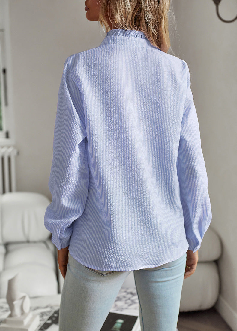 Striped Long Sleeve Shirt Fashion Ruffle Design Button Up Tops Casual Office Blouse Elegant Commuting Women's Clothing BAZONA