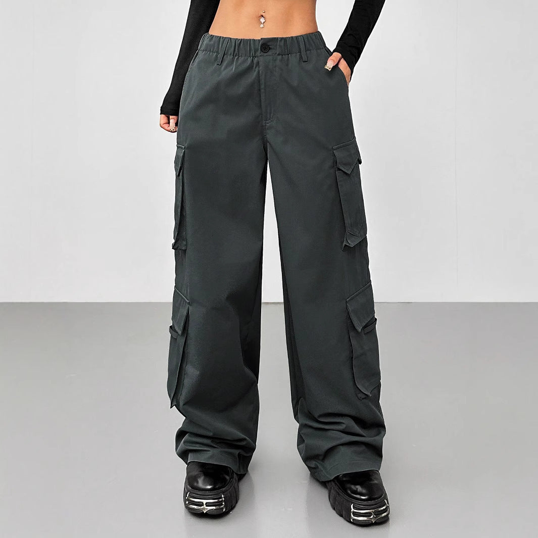 Casual Pants Elastic Waist High Waist Wide-leg Workwear Trousers BAZONA
