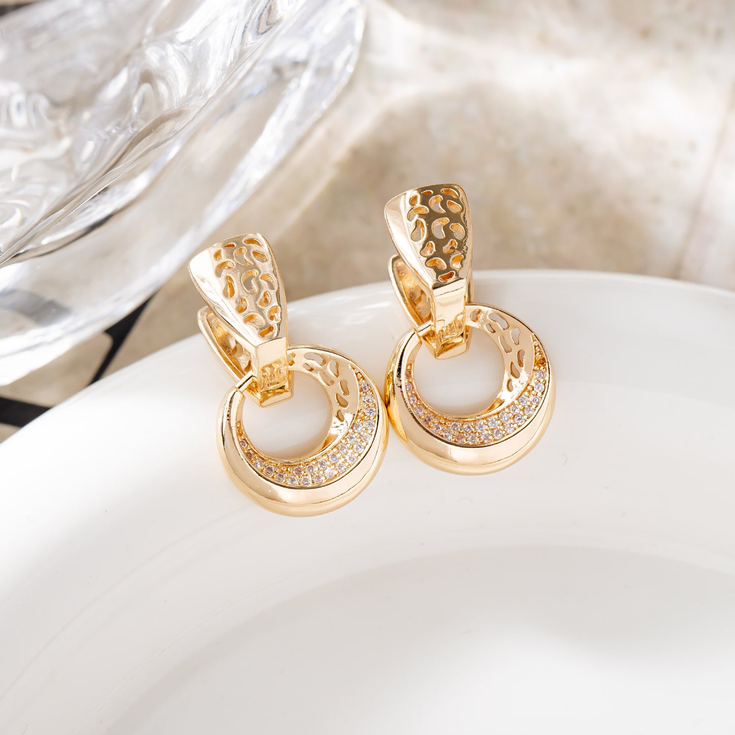 Luxury Hollow Round Moon Rose Gold Silver Color Drop Earrings For Women Micro-wax Inlay Natural Zircon Flower Bridal Wedding Daily Jewelry For Women