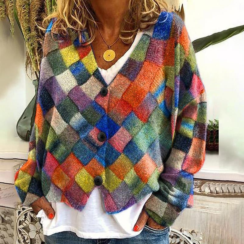 New Christmas Abstract Flowers Printing Sweater Fashion Casual Short Cardigan Coat Womens Clothing BAZONA