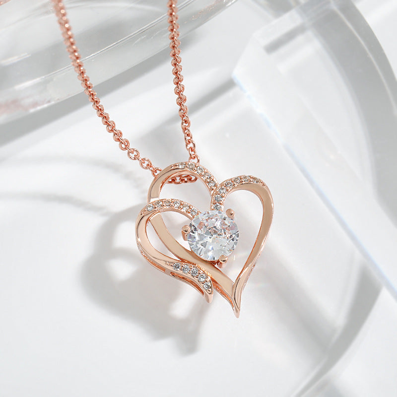 Zircon Double Love Necklace With Rhinestones Ins Personalized Heart-shaped Necklace Clavicle Chain Jewelry For Women Valentine's Day BAZONA