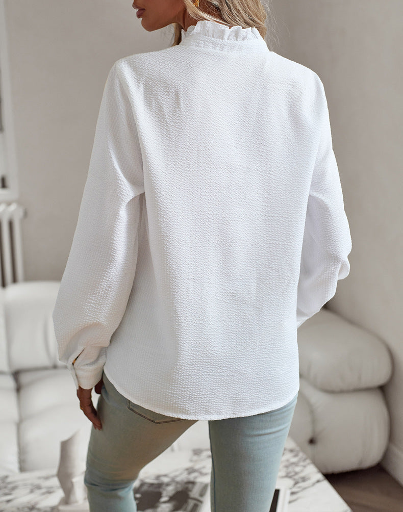 Striped Long Sleeve Shirt Fashion Ruffle Design Button Up Tops Casual Office Blouse Elegant Commuting Women's Clothing BAZONA