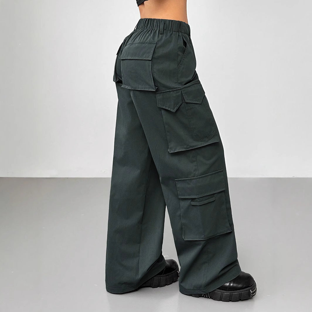 Casual Pants Elastic Waist High Waist Wide-leg Workwear Trousers BAZONA