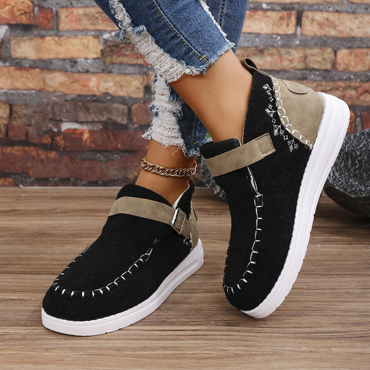 Thick Burr Warm Flat Bottom Cotton Shoes BAZONA