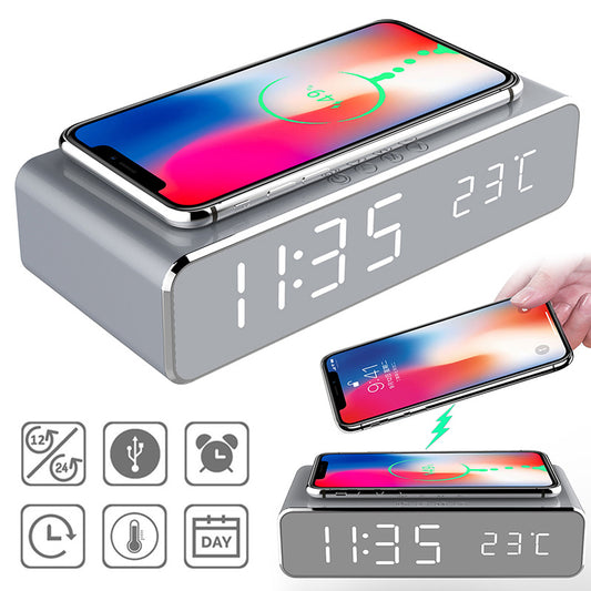 3-in-1 LED Desk Clock – Mirror Display, Wireless Charging & Thermometer Function