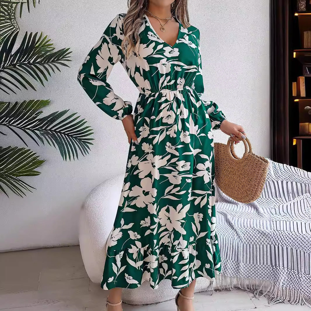 Leisure Flower Waist-controlled Long Sleeves Ruffled Dress BAZONA