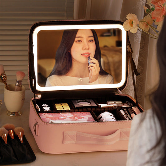 Smart LED Cosmetic Case with Mirror – Large Capacity Travel Makeup Bag & Portable Storage
