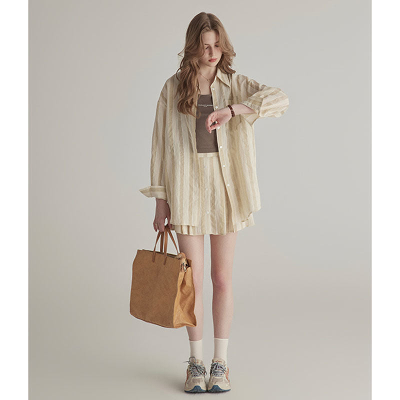 Summer High-grade Sun-proof Set Women's Loose Design Light Striped Shirt Top Temperament Waist-controlled Short Skirt BAZONA