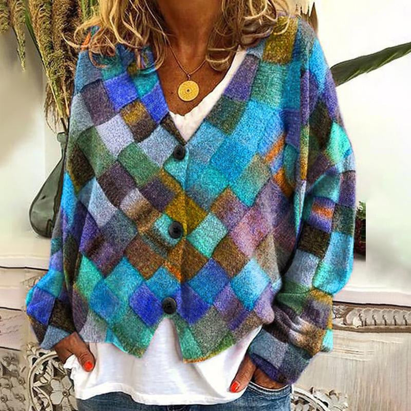 New Christmas Abstract Flowers Printing Sweater Fashion Casual Short Cardigan Coat Womens Clothing BAZONA