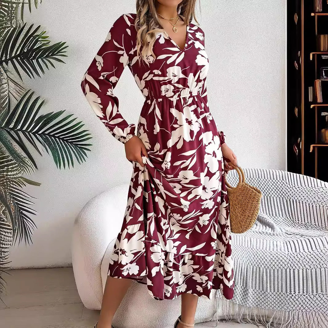 Leisure Flower Waist-controlled Long Sleeves Ruffled Dress BAZONA