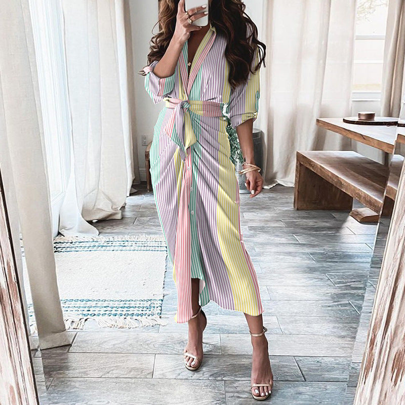 European And American Print Long-Sleeved Lace-Up Single-Breasted Shirt Dress BAZONA