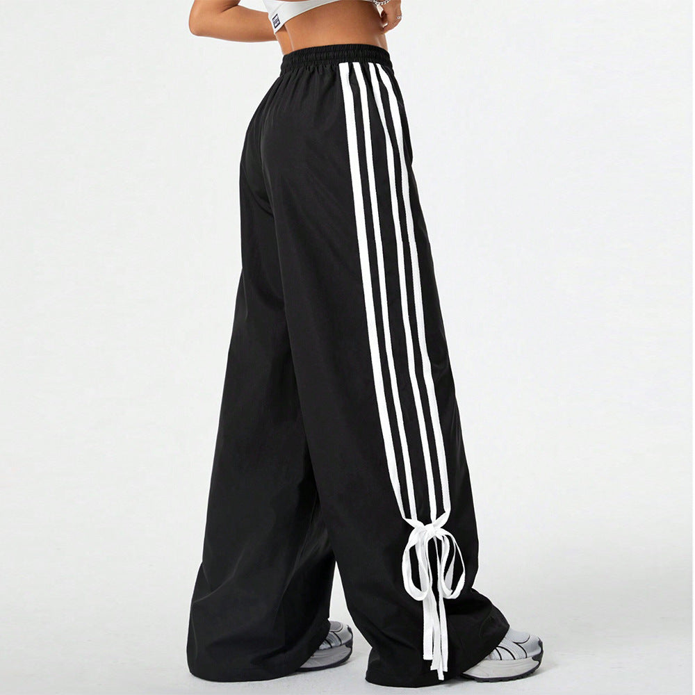 High Waist Wide Leg Pants Women's Spring Summer New Style Three Bars Drawstring Cuffed Straight Casual Extended Sports Trousers BAZONA