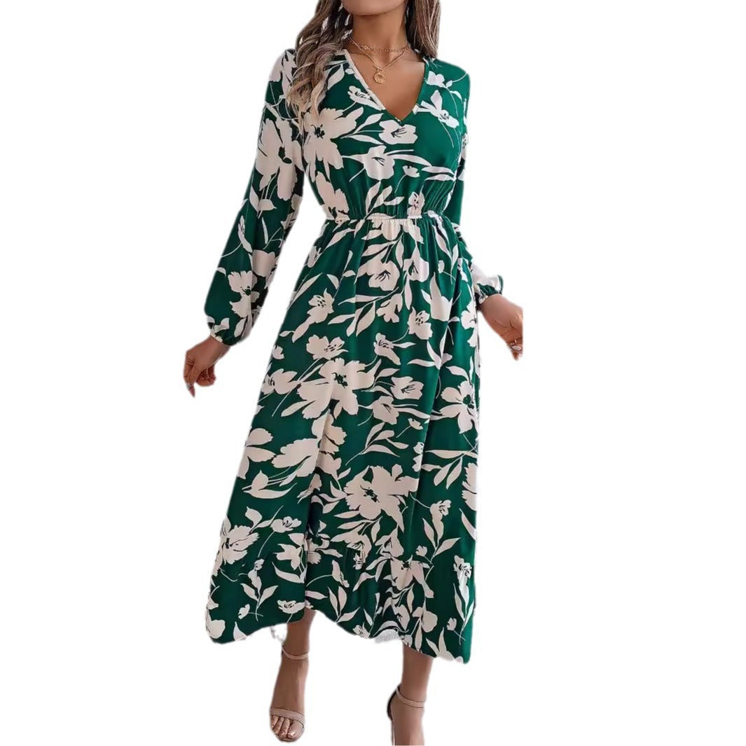 Leisure Flower Waist-controlled Long Sleeves Ruffled Dress BAZONA