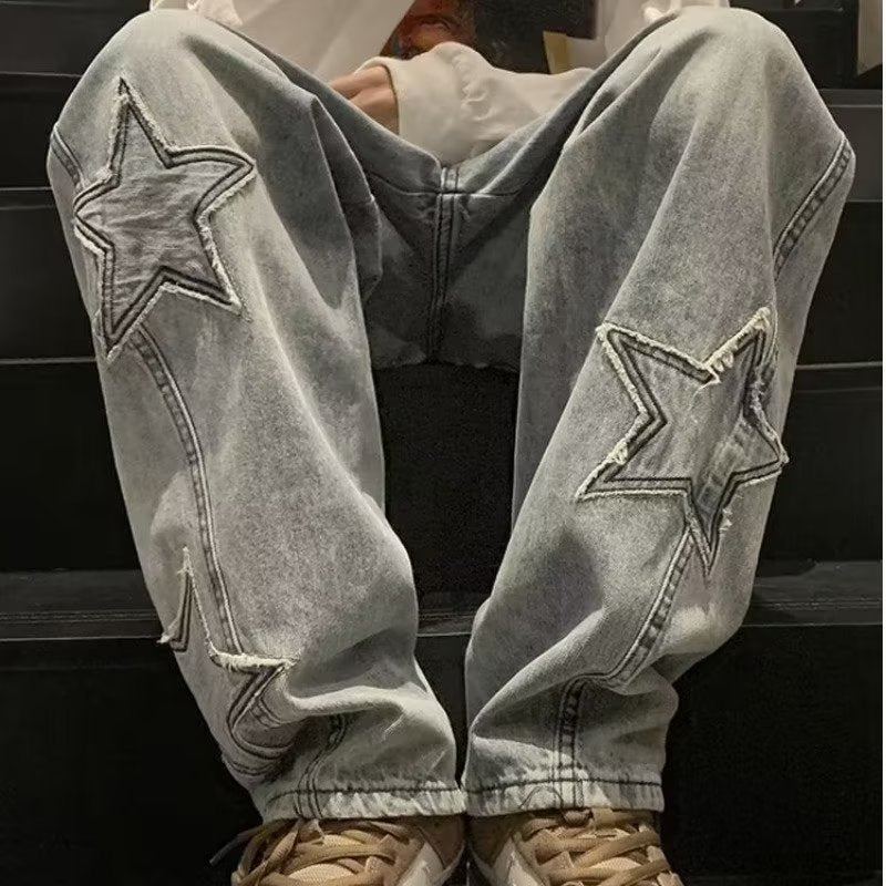 Star Embroidery Straight Casual Men Jeans Gothic Neutral New Wide Leg Loose Hip-hop Fashion Youth Streetwear Denim Trousers Y2K BAZONA