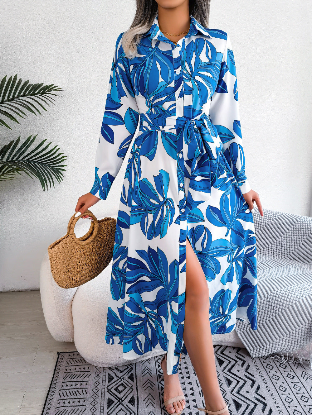 Floral Contrast Lapel Shirt Dress - Tied Waist Long Skirt Style BAZONA