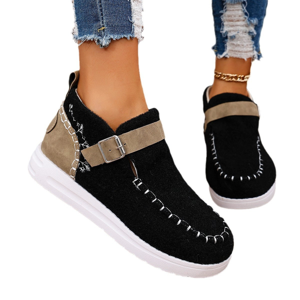 Thick Burr Warm Flat Bottom Cotton Shoes BAZONA