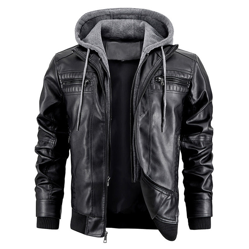 Hooded Jacket With Zipper Pockets Fashion Warm Pu Leather Coat Mens Clothing BAZONA