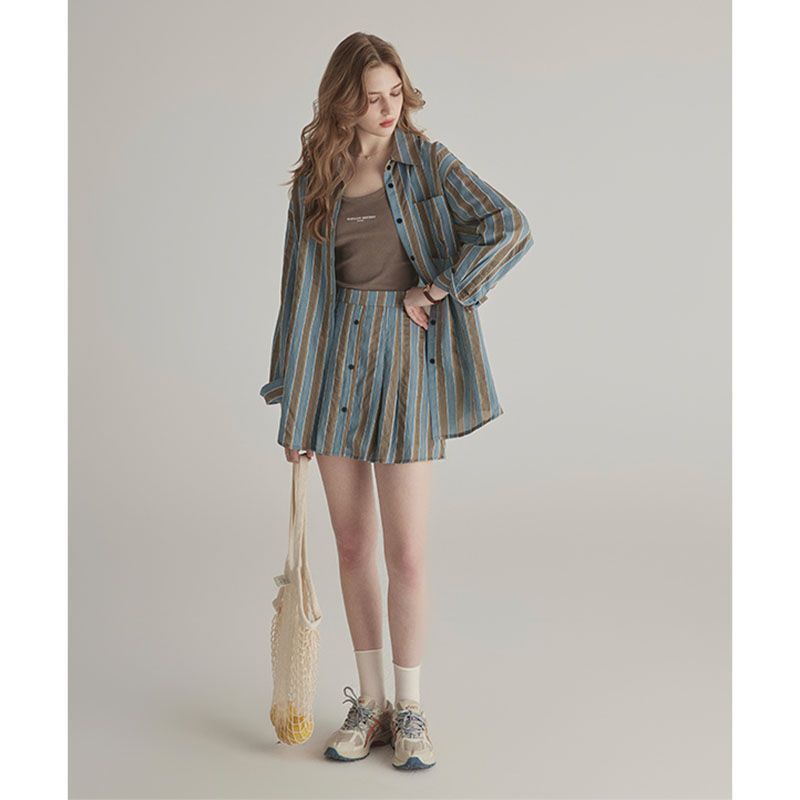 Summer High-grade Sun-proof Set Women's Loose Design Light Striped Shirt Top Temperament Waist-controlled Short Skirt BAZONA
