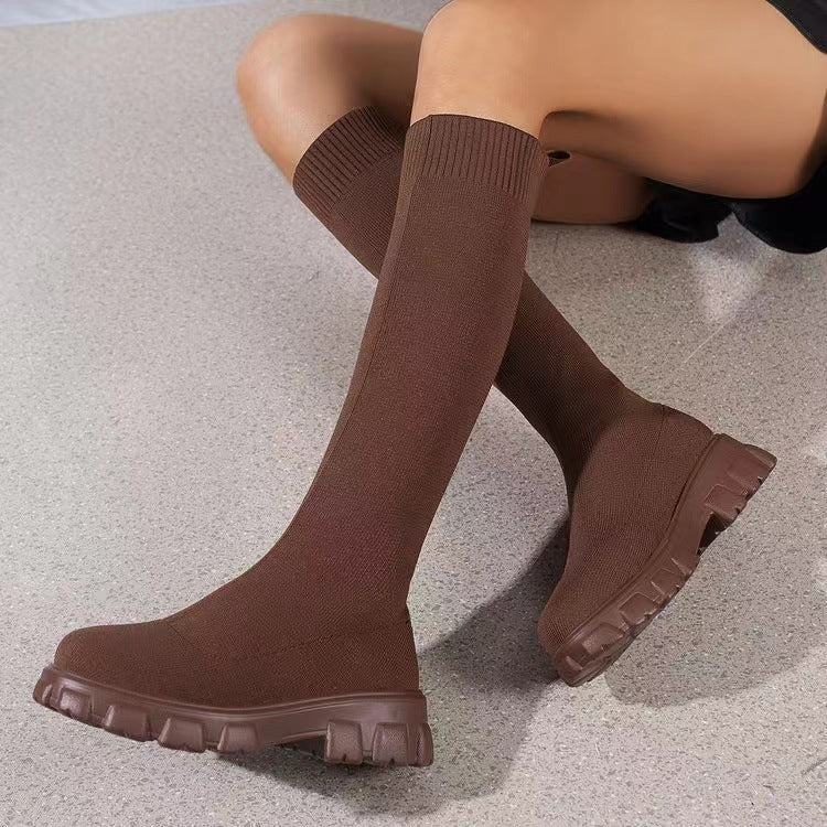 Fashion Knitted Boots Women's Flyweaving Breathable Thick-soled Skinny Boots Winter Fall Shoes BAZONA