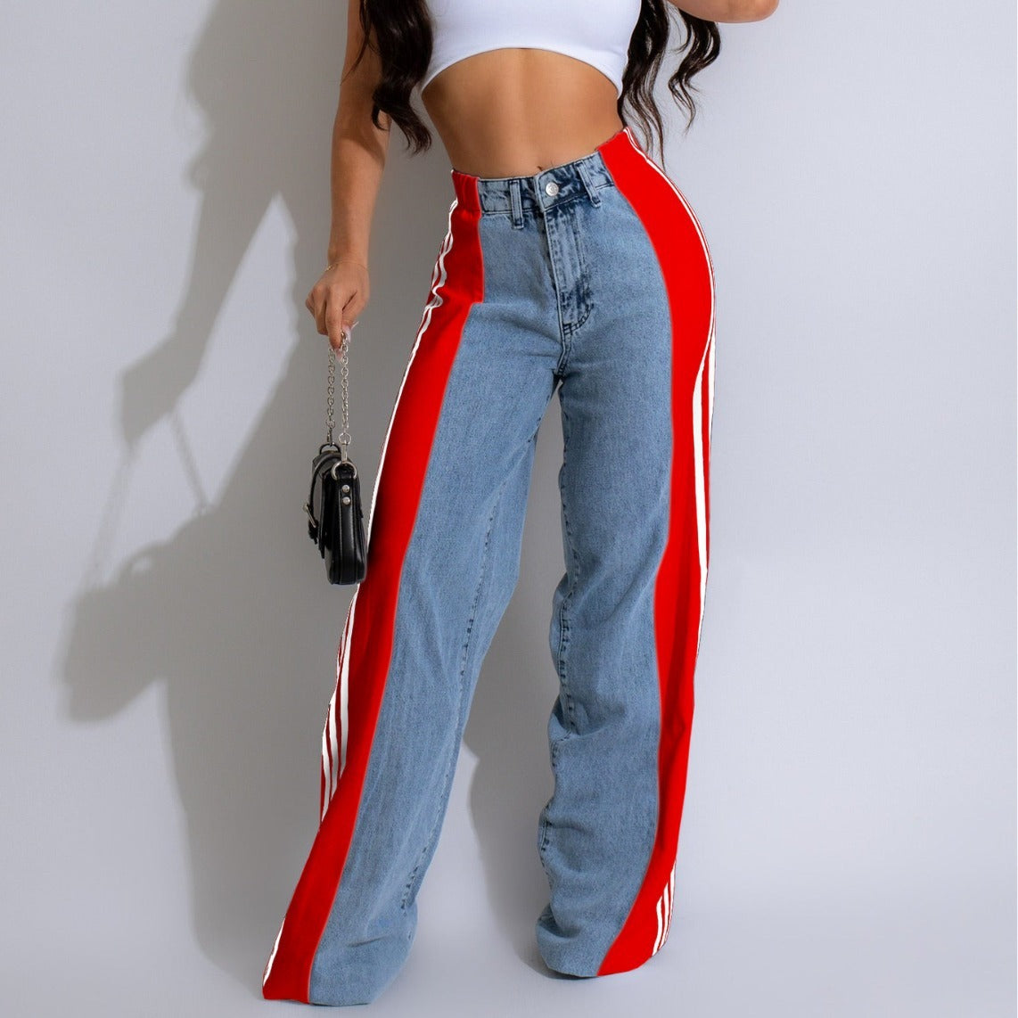 2024 Fashion Casual High Waist Elastic Straight Leg Trousers Three Stripe Patchwork Denim Wide Leg Pants Streetwear BAZONA
