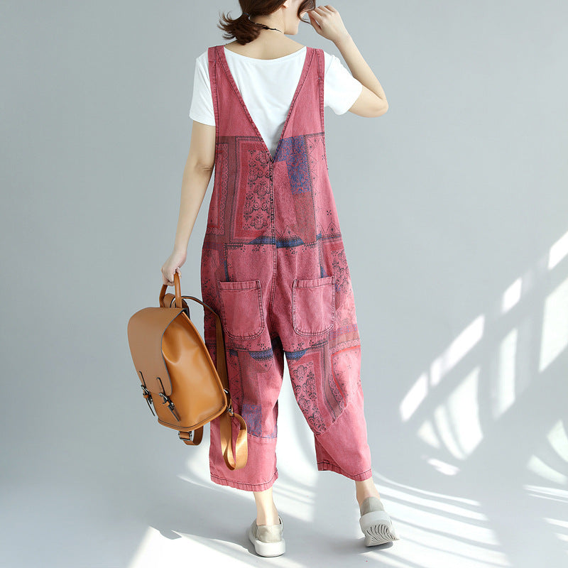 Printed Worn Looking Washed-out Big Crotch Ninth Plus Size Stitching Denim Suspender Pants BAZONA