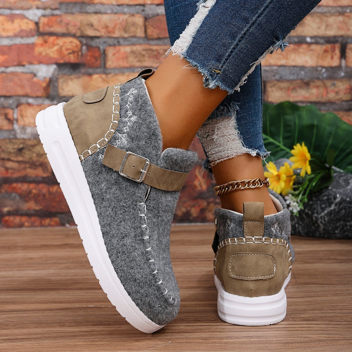 Thick Burr Warm Flat Bottom Cotton Shoes BAZONA