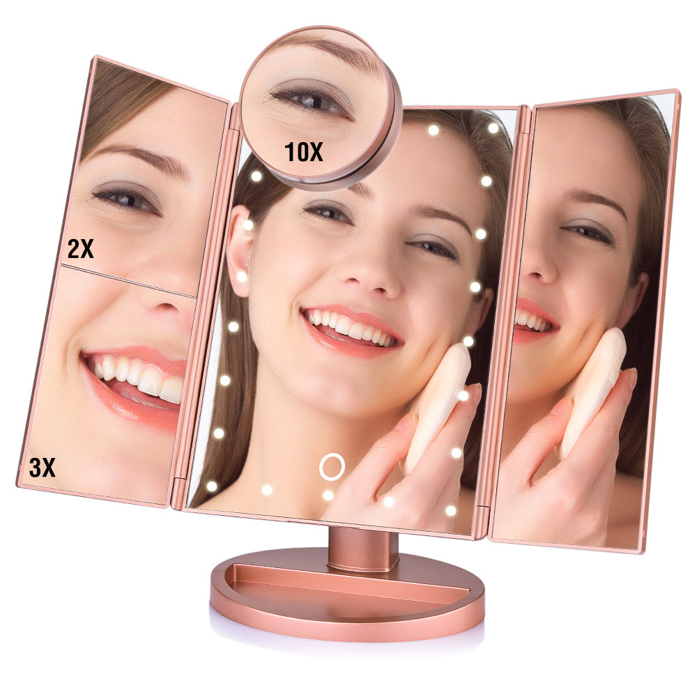 24 LED Magnifying Lighted Cosmetic Makeup Mirror Tabletop Tri-fold Touch Screen Mirror Touch Screen BAZONA