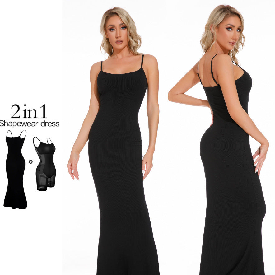 Women's Shapewear Dress Jumpsuit Tummy Tuck Lift Corset Open Crotch Suspender Tight Long Skirt Chest Pad Bodysuit Dress BAZONA