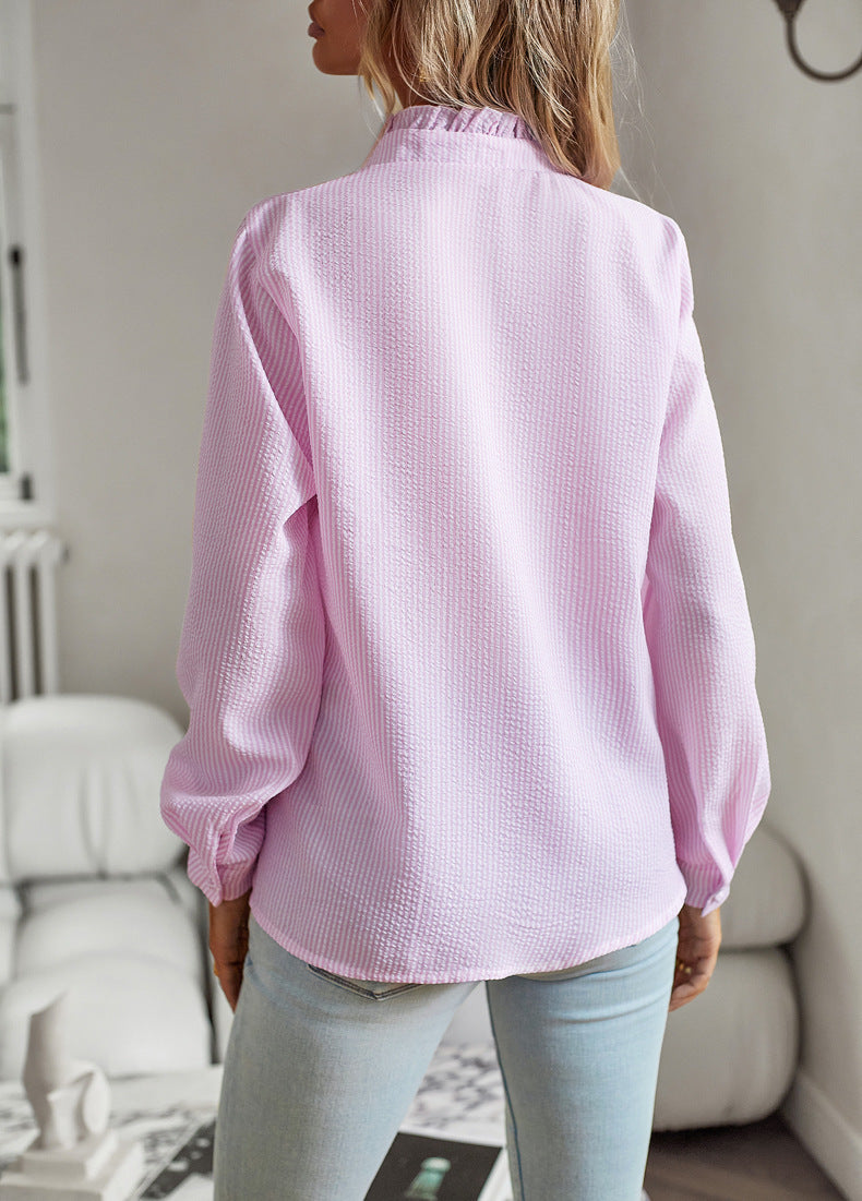 Striped Long Sleeve Shirt Fashion Ruffle Design Button Up Tops Casual Office Blouse Elegant Commuting Women's Clothing BAZONA