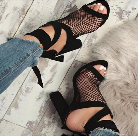 Women Sandals Bandage Flock Cross Strap Lace Up High Heels Sandal