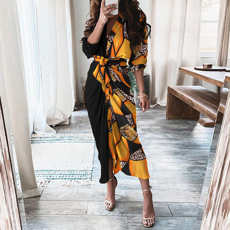European And American Print Long-Sleeved Lace-Up Single-Breasted Shirt Dress BAZONA
