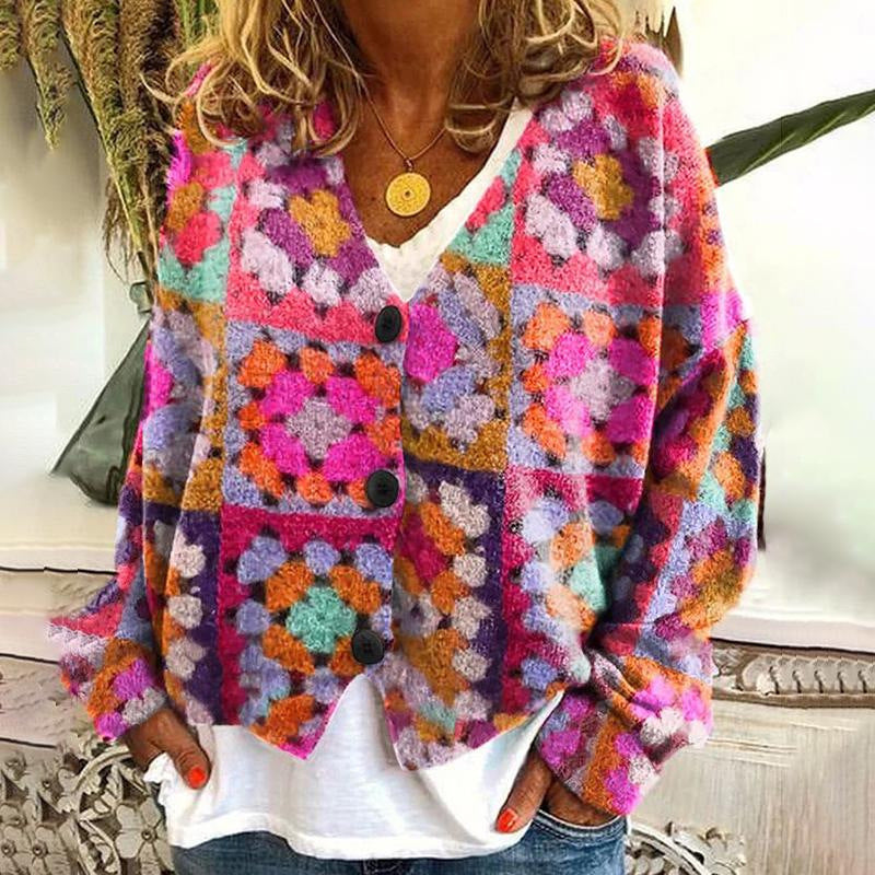 New Christmas Abstract Flowers Printing Sweater Fashion Casual Short Cardigan Coat Womens Clothing BAZONA