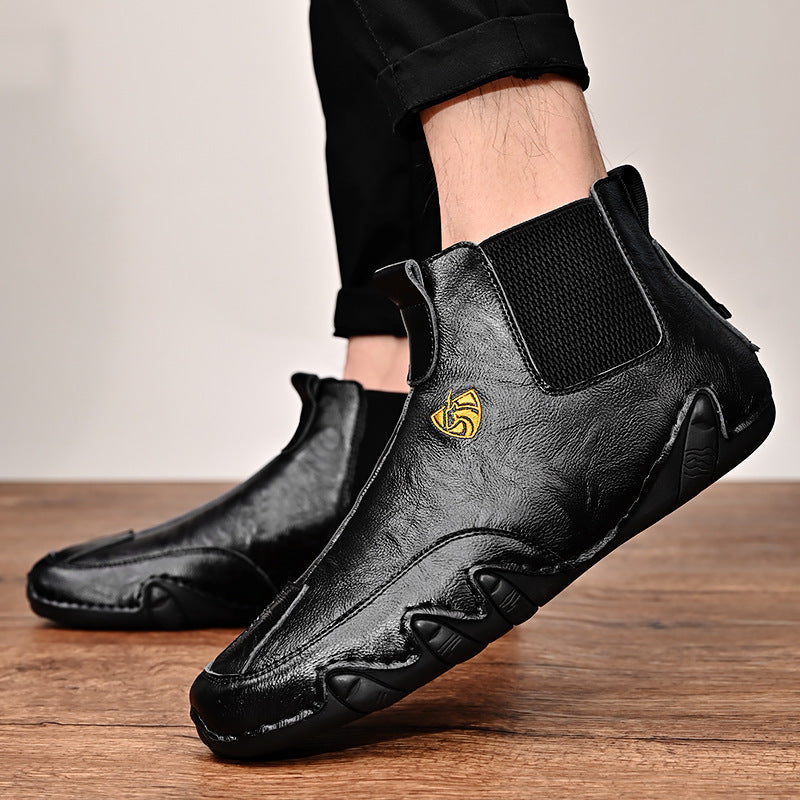 Warm Men's Casual Shoes Men's Leather High Top Peas Shoes BAZONA