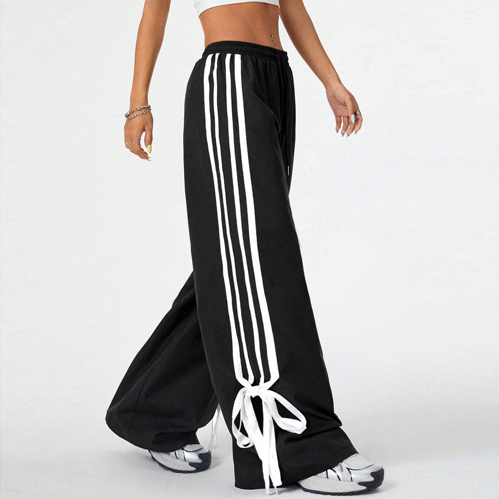 High Waist Wide Leg Pants Women's Spring Summer New Style Three Bars Drawstring Cuffed Straight Casual Extended Sports Trousers BAZONA