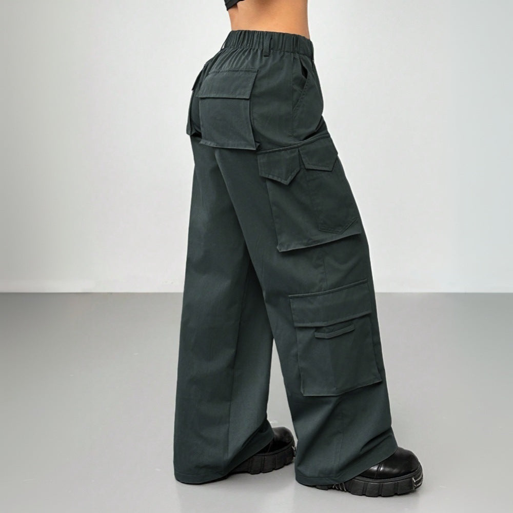 Casual Pants Elastic Waist High Waist Wide-leg Workwear Trousers BAZONA