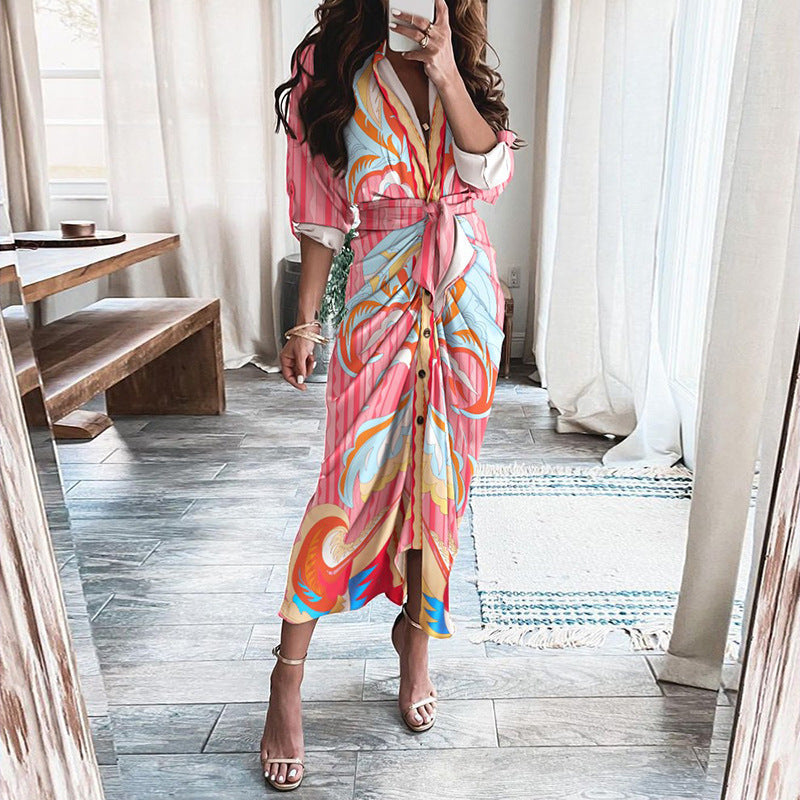European And American Print Long-Sleeved Lace-Up Single-Breasted Shirt Dress BAZONA