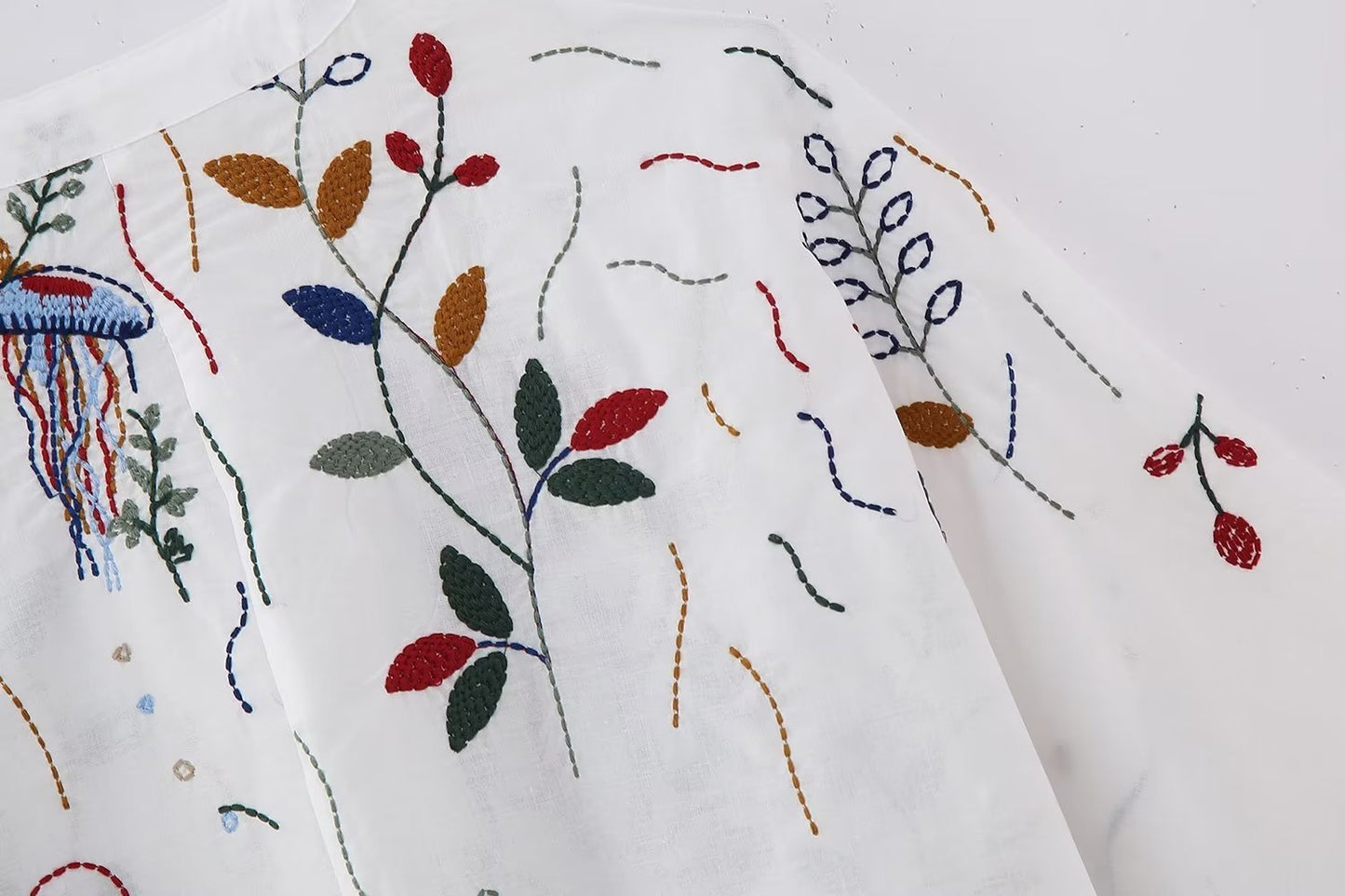 V-neck Embroidery Breasted Shirt High Waist Embroidery Skirt Suit BAZONA