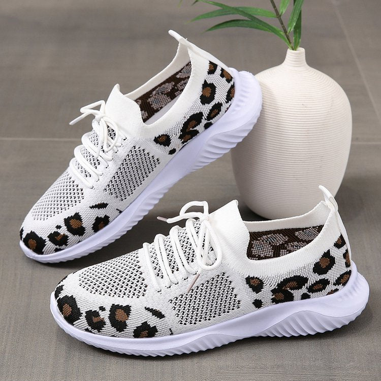 White Shoes Women Leopard Print Lace-up Sneakers Sports - bazona.com