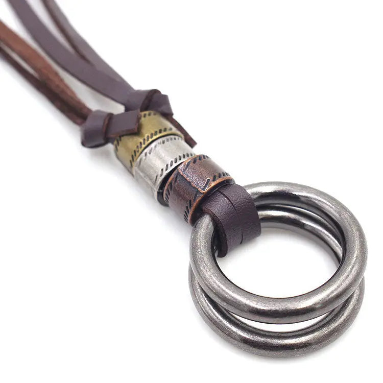 Vintage Leather Couple Necklace Double Ring
