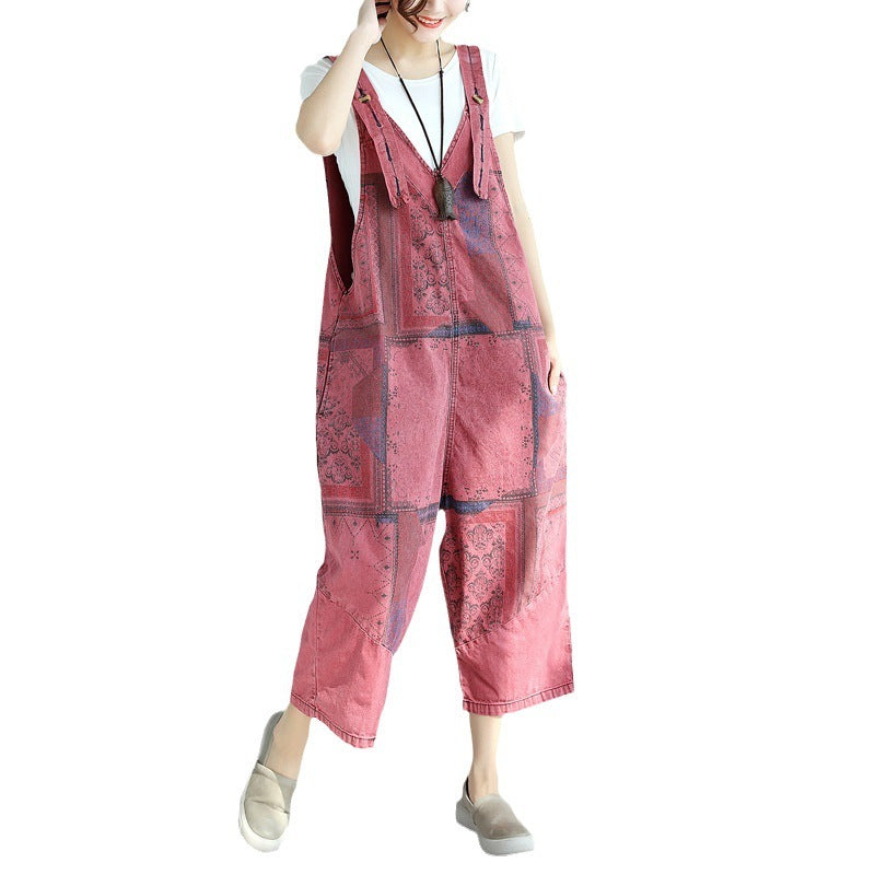 Printed Worn Looking Washed-out Big Crotch Ninth Plus Size Stitching Denim Suspender Pants BAZONA