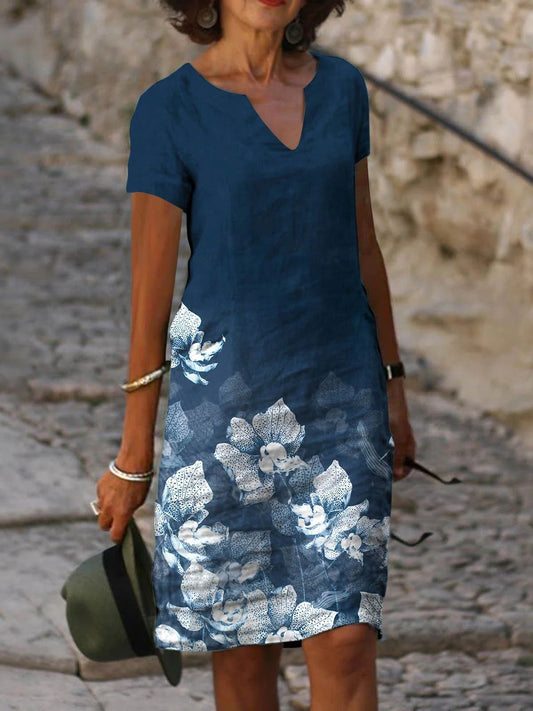 Women's Floral Printed Cotton And Linen Short-Sleeved V-Neck Mid-Length Dress