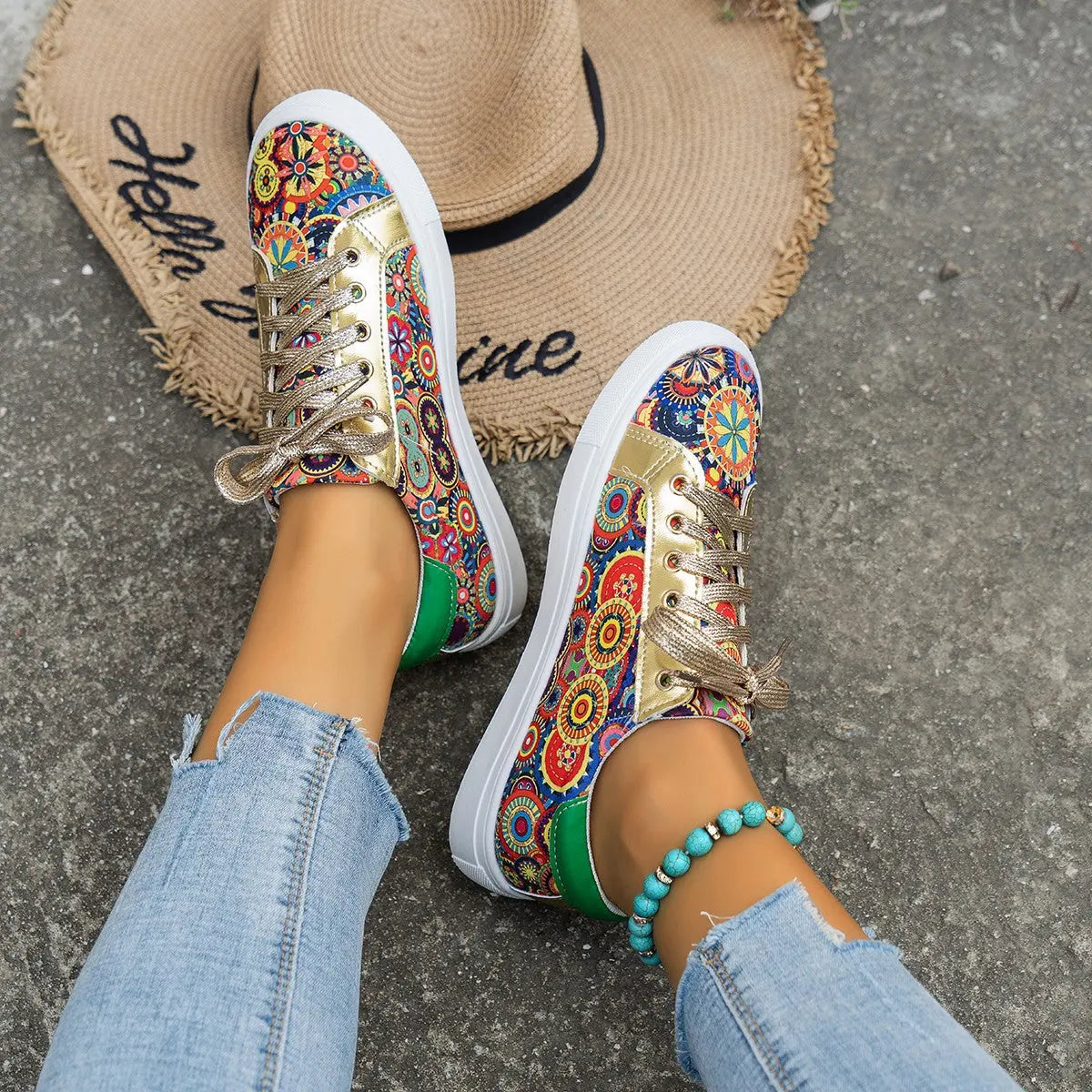 Round Toe Board Shoes Printed Canvas Women's Shoes