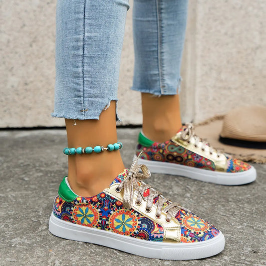 Round Toe Board Shoes Printed Canvas Women's Shoes