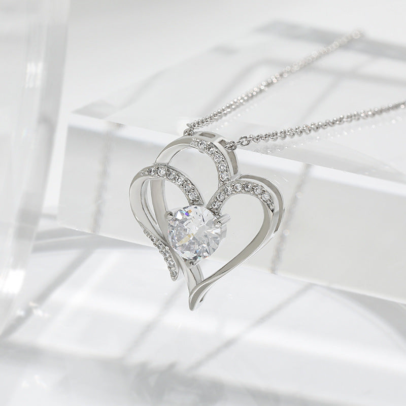 Zircon Double Love Necklace With Rhinestones Ins Personalized Heart-shaped Necklace Clavicle Chain Jewelry For Women Valentine's Day BAZONA
