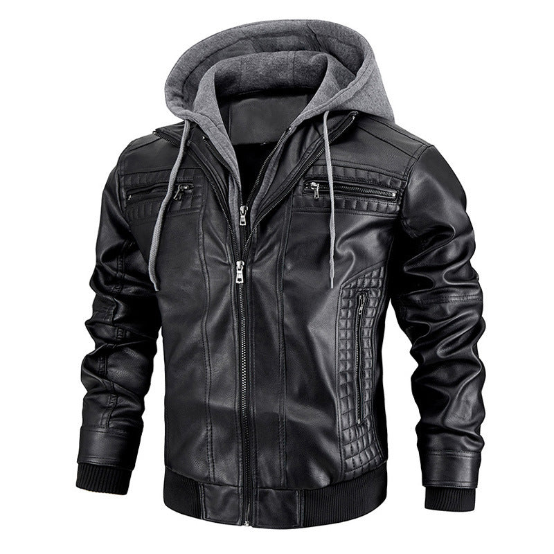 Hooded Jacket With Zipper Pockets Fashion Warm Pu Leather Coat Mens Clothing BAZONA